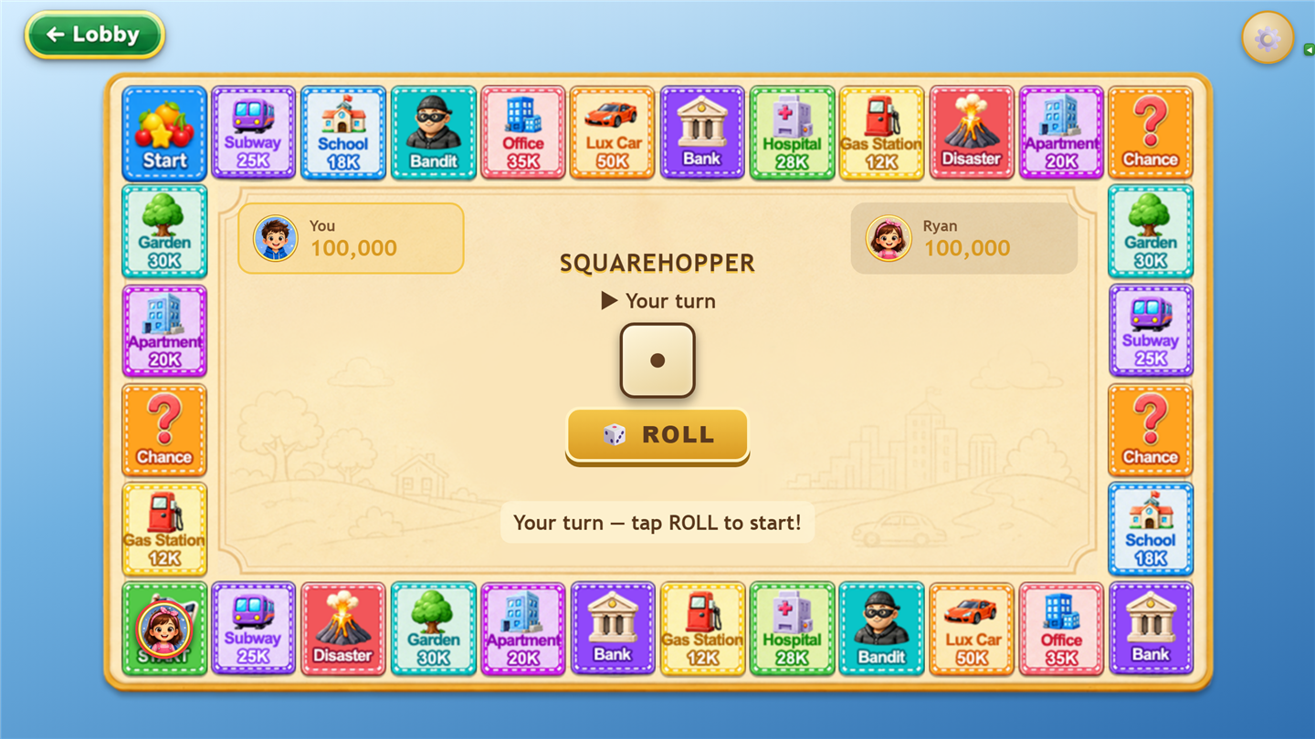The Squarehopper board mid-game